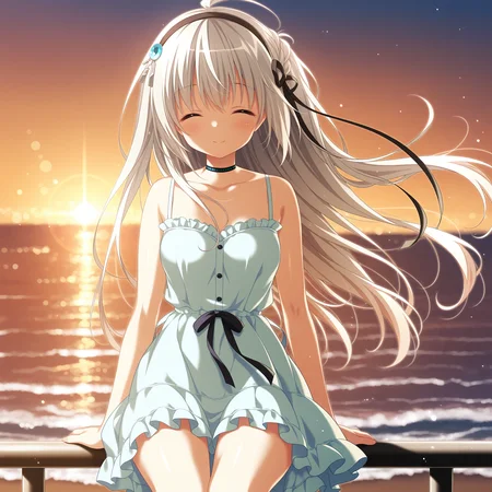 <lora:Nanami_Shirone_1_nai-000028:1>,Nanami Shirone,black choker,black hairband,hair ornament,hair ribbon,black ribbon,
bare shoulders,frilled dress,sleeveless dress,white dress,sundress,off-shoulder dress,white straps,waist ribbon,frills,
BREAK
1girl,solo,sitting,on railing,ocean,wind,floating hair,looking to the side,smile,closed eyes,arms at sides,sunset,depth of field,lens_flare,front view,arm support,