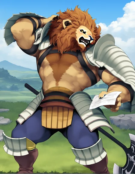 masterpiece, best quality, morard, lion, anthro, solo, male,awkward, shy, chest hair, arm armor, battle axe, standing, pose, tassets, leather boots, blue pants, knee pads, scratching head, holding paper, grass, sky, detailed background,
<lora:UnicornOverlordBeastmen_Noob-1.0.38:1>