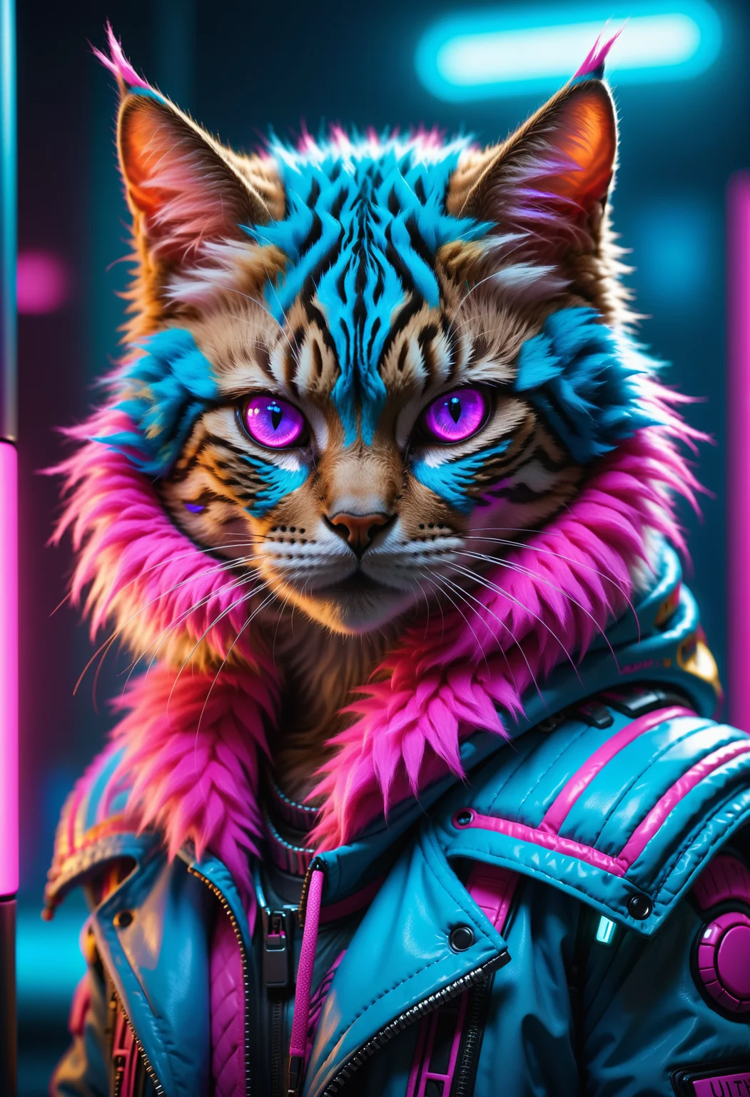 UHD, 4k, ultra detailed, cinematic, a photograph of UHD, 4k, ultra detailed, cinematic, a photograph of detailed fur, stylized, anthropomorphic creature with the head of a male cat rendered in vibrant and neon colors. cyberpunk wear, The cat's fur is a striking blend of bright blue and hot pink, with tufts and strands highlighted in a way that gives a sense of depth and texture. Its eyes are a vivid pink, which stands out against the blue fur and complements the pink tones.
, epic, beautiful lighting, inpsiring, epic, beautiful lighting, inpsiring