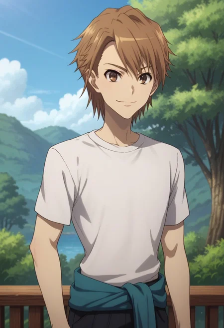 score_9, score_8_up, score_7_up, source_anime, highly detailed,
naoya, 1boy, solo, brown hair, short hair, male focus, brown eyes, smile, pants, black pants, jacket around waist, t-shirt, white t-shirt, short sleeves, upper body, closed mouth
outdoor, sky, tree