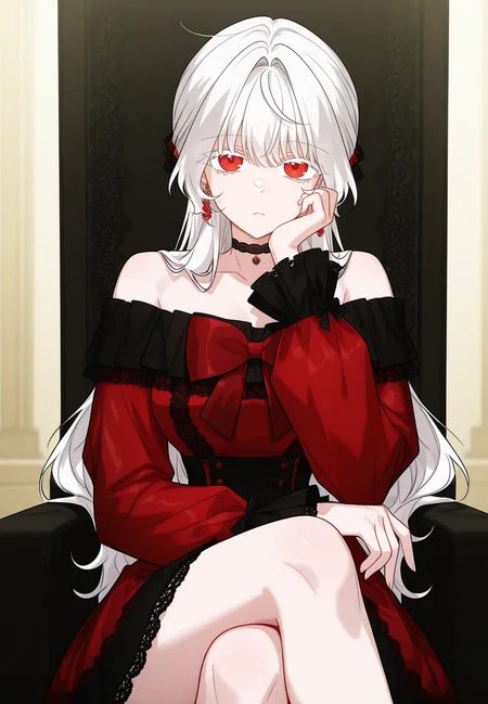 gorgeous girl, kawaii girl, cute face, masterpiece, best quality, very awa, absurdres, ultra-detailed-eyes, detailed background, ambient occlusion, raytracing, soft lighting, absolutely eye-catching, intricate cinematic background, (beautiful face), Masterpiece,(perfect female body),(detailed hair), detailed background, small waist, detailed skin, (4k),(incredibly detailed:1.4), perfect anatomy, slim, neatly drawn nose, beautiful fingers, small waist, (super model body), (breasts), looking at viewer,
<lora:Eisel_-_The_Male_Lead_Is_In_Charge_Of_The_Successor-Kaleid_Illustrious:1> /eisel/, 1girl, long hair, red eyes, bangs, white hair, white eyelashes, dress, choker, long sleeves, off-shoulder dress, black-red dress, bow, earring, hair ornament, sitting, crossed legs, head rest,