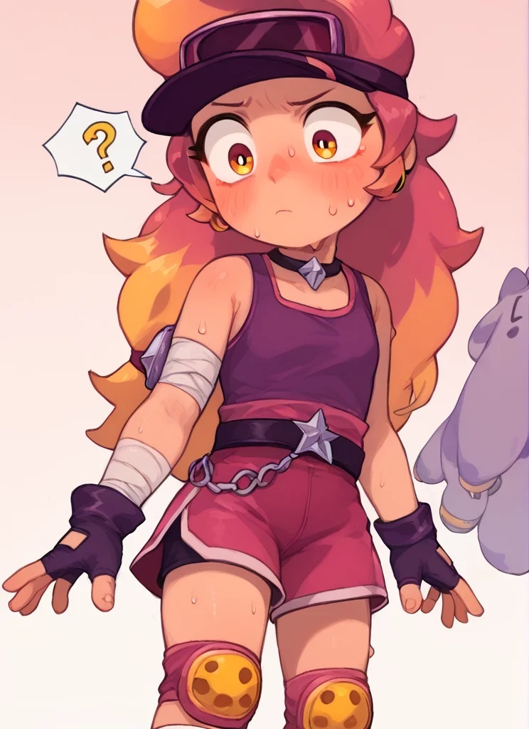 score_9, score_8_up, score_7_up, <lora:boamber:1>boamber ,1 girl , multicolored hair, long hair ,purple tank top, belt, yellow knee pads, shorts , skirt, shorts under skirt, visor cap, pink headwear, fingerless gloves, <lora:PossumMachine:1>posmach , confused, white Arm scarf , ??? ,sweat, blush,