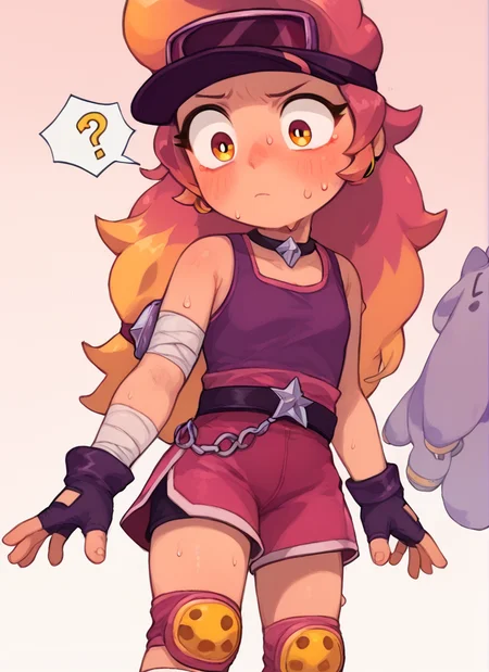 score_9, score_8_up, score_7_up, <lora:boamber:1>boamber ,1 girl , multicolored hair, long hair ,purple tank top, belt, yellow knee pads, shorts , skirt, shorts under skirt, visor cap, pink headwear, fingerless gloves, <lora:PossumMachine:1>posmach , confused, white Arm scarf , ??? ,sweat, blush,
