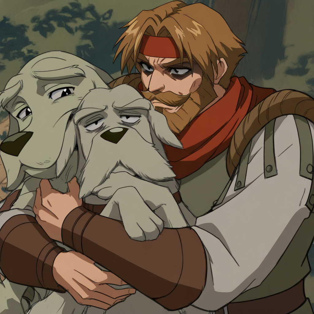 masterpiece, best quality, newest, absurdres, highres, vintage anime, 90s anime, DDstyle, official style, black eyes, shaded eyes, DDHM-V1.0, beard, facial hair, leather armor, dog, hound, mustache, headband, hugg, hugging, hugging dog, hugging pet, hugging animals