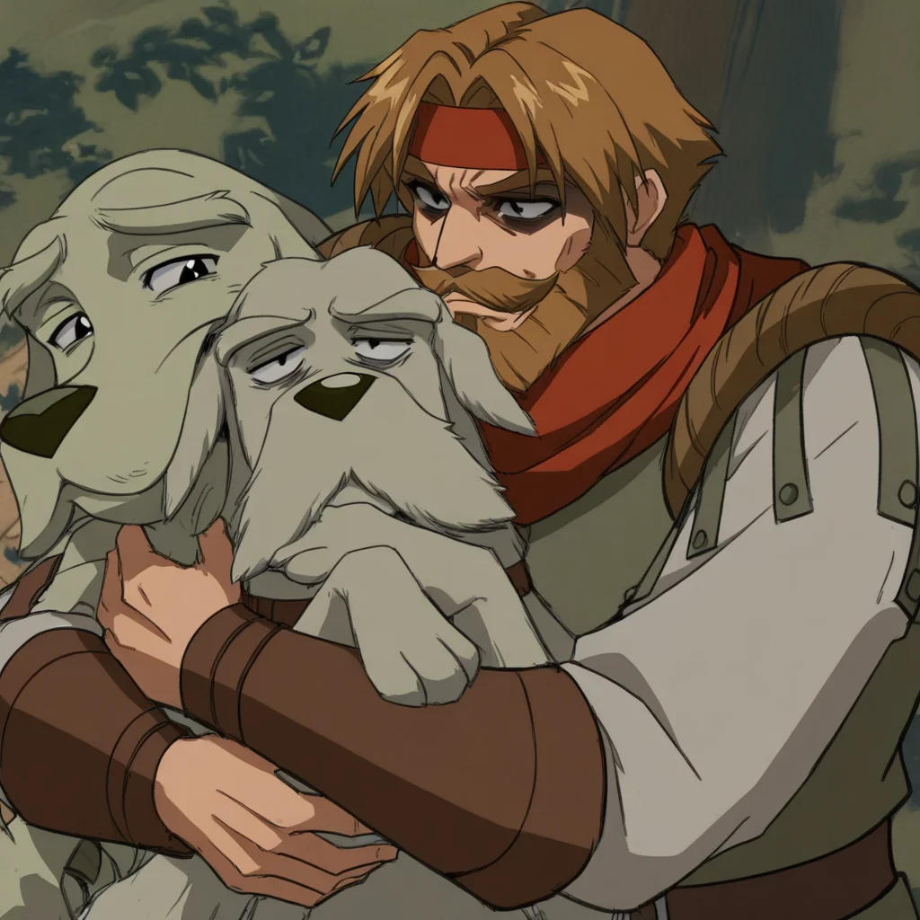 masterpiece, best quality, newest, absurdres, highres, vintage anime, 90s anime, DDstyle, official style, black eyes, shaded eyes, DDHM-V1.0, beard, facial hair, leather armor, dog, hound, mustache, headband, hugg, hugging, hugging dog, hugging pet, hugging animals