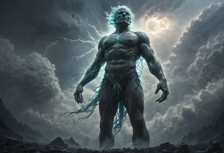 Powerful mighty genie, magical spirit made of thin air, creates and controls storm, ethereal and commanding presence, mythical magical creature, swirling winds, thansparent, ghostly, uncanny elemental of wind, intense storm clouds, ancient and wise expression, mystical symbols, hovering above the ground, dark and turbulent sky, fierce and majestic, awe-inspiring, cinematic, 8k, ultra-realistic, dramatic lighting, detailed textures, octane render, unreal engine, volumetrics dtx, best quality, 32k, masterpiece, (bottom_view, photo_from_bottom:1.2), tornado instead of legs