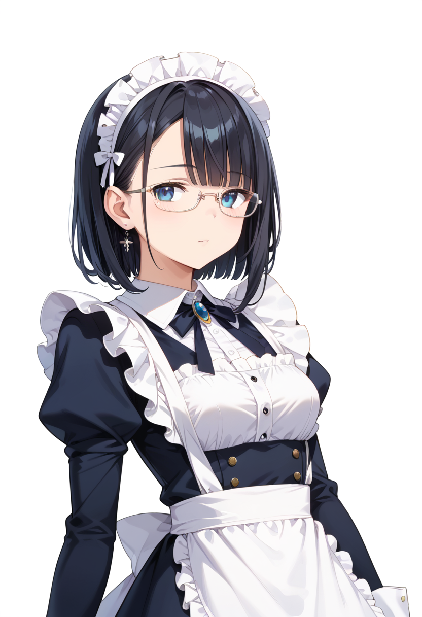 score_9, score_8_up, score_7_up, rating_safe, masterpiece, best quality, absurdres, unity 8k wallpaper, official art, official style, source_anime, uncensored, game cg, megami magazine,
1girl, solo, black hair, medium hair, upper body, covered eyes,maid, maid headdress, black dress, maid apron, face focus,
underrim_metal, glasses, still life, white background, simple background, under-rim eyewear, white-framed eyewear, 
 <lora:glasses_underRimMetal_PONY_V1:1>