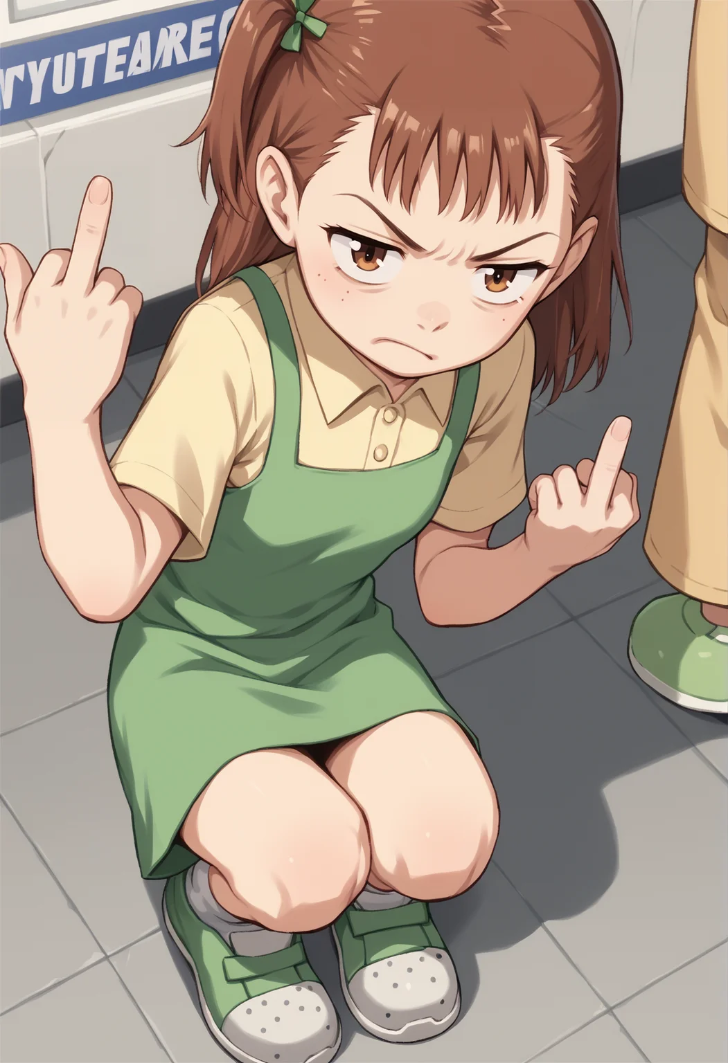 1girl, juri, long hair, brown hair, one_side_up, brown eyes, two-tone dress, green dress, short sleeves, puppet, green footwear, squatting, convenience store, disgust, middle finger, from above <lora:RukiJuri:1>, score_9, score_8_up, score_7_up, score_6_up, score_5_up, score_4_up, BREAK source_anime, masterpiece