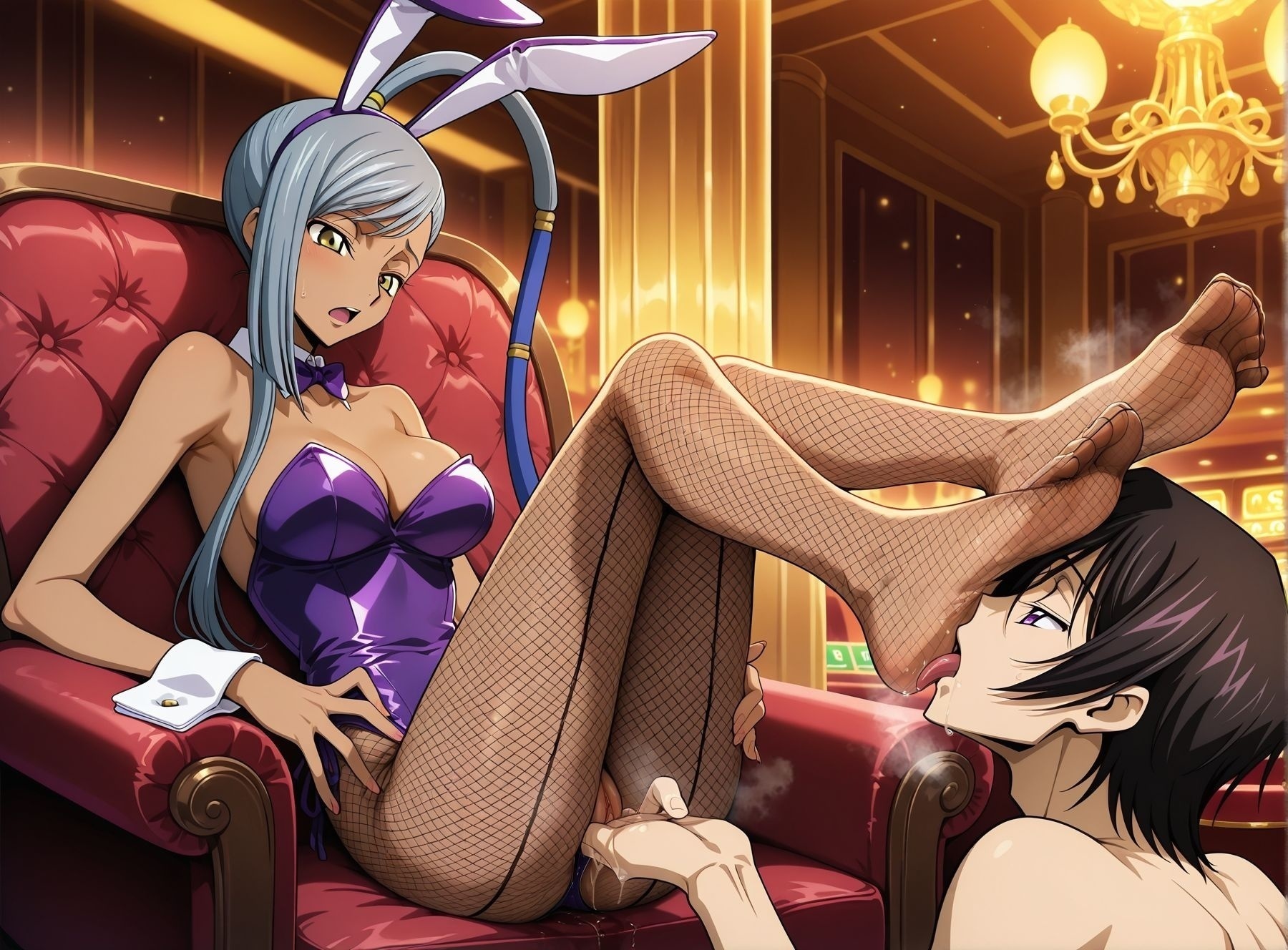 <lora:add-detail-xl:0.5>masterpiece,best quality,anime coloring,anime screenshot,
<lora:licking_feet:0.5>licking_feetV1,
1girl,1boy,hetero,soles, sitting, full body, 
pussy, licking feet,foot on face,hand on own hip, 
fingering,pussy juice, looking at another, steam, 
moaning, 
casino, 
Lelouch lelouch vi britannia, playboy bunny, rabbit ears, 
Villetta Nu, fishnet pantyhose,  dark-skinned female, 
code geass, official art, 
20YO, adult couple,