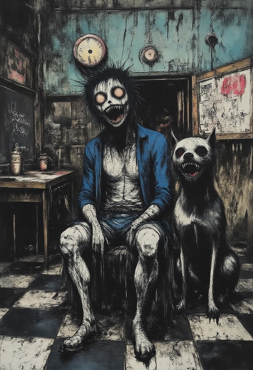apoca1 illustration, CyberpunkHorrorAnime, cr3z1h0rr0r, masterpiece, horror expressionism, ultra-detailed, hyper-realistic, digital painting, 8k,
1 humanoid creature, seated centrally, full body, indoor institutional setting, surreal horror expressionism style, deep blue skin tone, exaggerated sharp facial features, intense wild gaze,
harsh directional light, cold temperature, gloomy ambient tone,
deep navy robe, pale gray shirt, charcoal gray shorts, heavy fabric, rough texture,
none,
short spiky black hair, coarse texture, static,
dark smudged makeup, grotesque demonic facial markings, twisted sinister expression, intense horror emotion,
1 dog, large breed, seated right side, matted black fur, glowing white eyes, tense posture, snarling expression,
striped teal wall background, distorted vertical patterns, checkered dark gray floor, partial chalkboard left side with blurred white scribbles, chaotic composition,
sharp shadow contrast, swirling mist, oppressive atmosphere,
blend of horror and surreal expressionism, dark and unsettling, intense emotional impact,