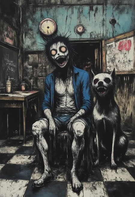 apoca1 illustration, CyberpunkHorrorAnime, cr3z1h0rr0r, masterpiece, horror expressionism, ultra-detailed, hyper-realistic, digital painting, 8k,
1 humanoid creature, seated centrally, full body, indoor institutional setting, surreal horror expressionism style, deep blue skin tone, exaggerated sharp facial features, intense wild gaze,
harsh directional light, cold temperature, gloomy ambient tone,
deep navy robe, pale gray shirt, charcoal gray shorts, heavy fabric, rough texture,
none,
short spiky black hair, coarse texture, static,
dark smudged makeup, grotesque demonic facial markings, twisted sinister expression, intense horror emotion,
1 dog, large breed, seated right side, matted black fur, glowing white eyes, tense posture, snarling expression,
striped teal wall background, distorted vertical patterns, checkered dark gray floor, partial chalkboard left side with blurred white scribbles, chaotic composition,
sharp shadow contrast, swirling mist, oppressive atmosphere,
blend of horror and surreal expressionism, dark and unsettling, intense emotional impact,