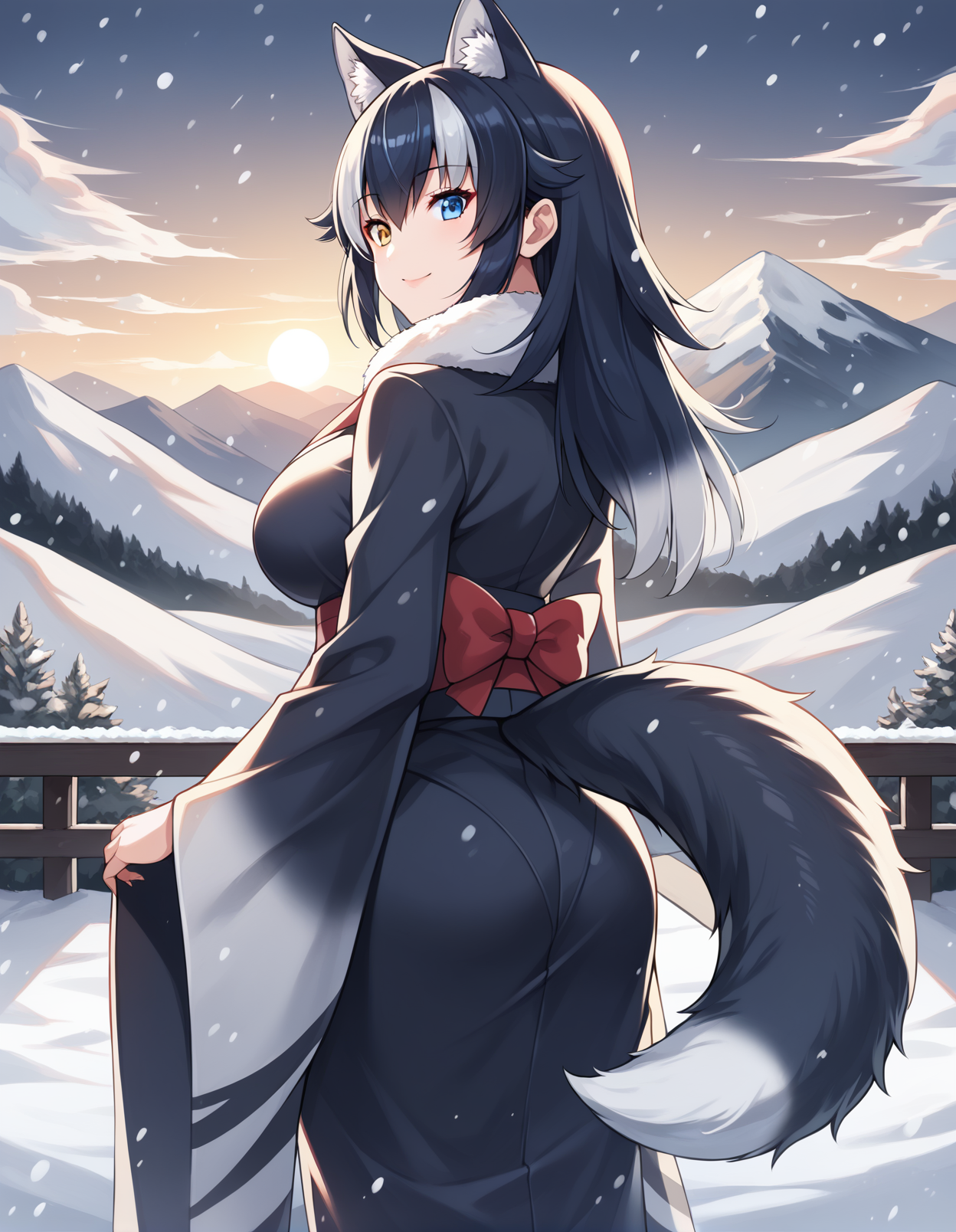 score_9, score_8_up, score_7_up, score_6_up, score_5_up, score_4_up, source_anime, rating_safe, BREAK <lora:greyWolfXL_LoRA-C3Lier_AdamW_Dim16_Alpha16_UN-3e-4_TE-1.5e-4_10batch_ponyDiffusionV6XL_v6StartWithThisOne:1>, grey wolf \(kemono friends\), 1girl, two-tone hair, long hair, wolf ears, heterochromia, large breasts, wolf tail, light smile, fur-trimmed kimono, wide sleeves. long sleeves,looking back, looking at viewer, from behind, dutch angle, winter, snow, snowing, sunrise, dawn, mountainous horizon, cloud, sky