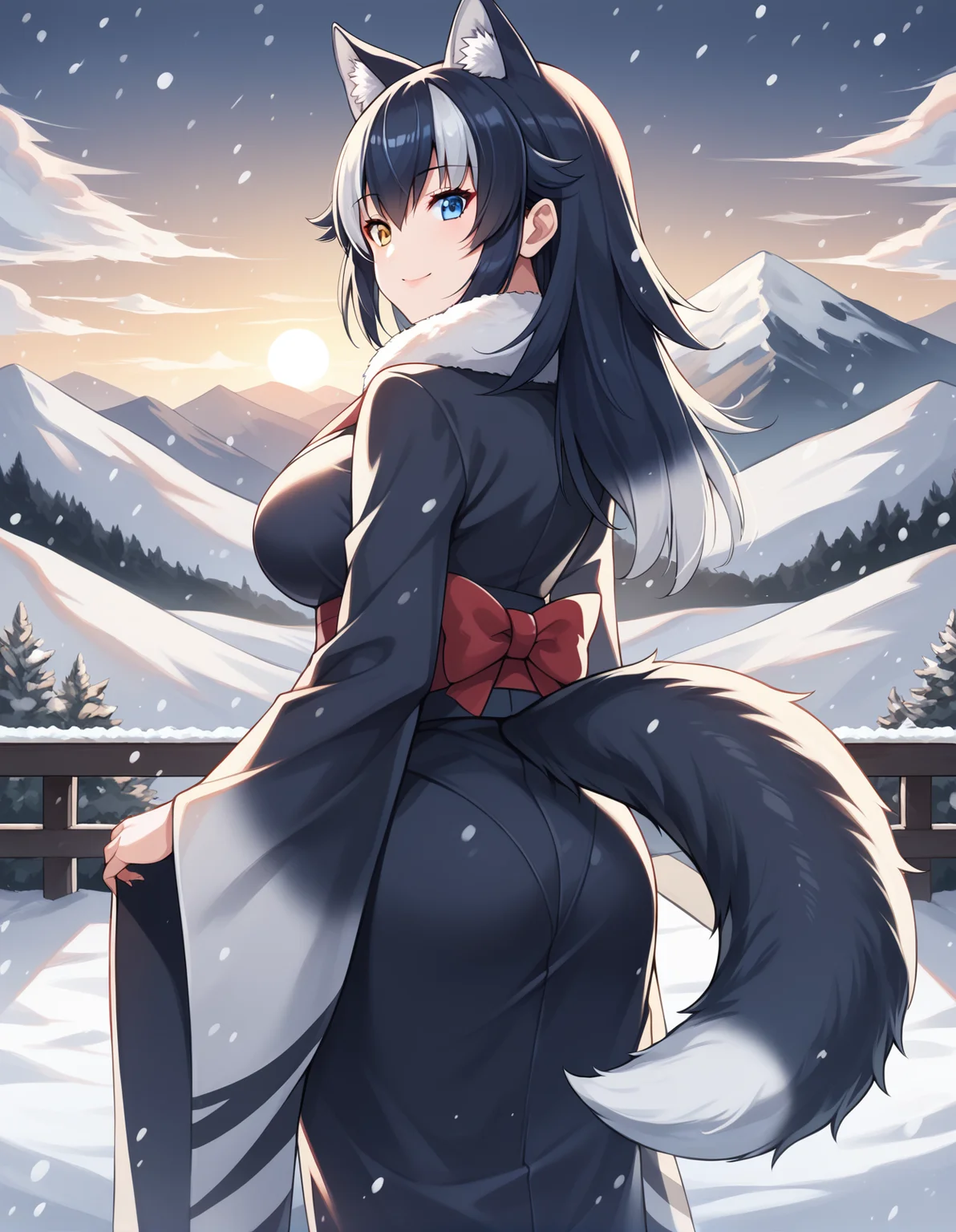 score_9, score_8_up, score_7_up, score_6_up, score_5_up, score_4_up, source_anime, rating_safe, BREAK <lora:greyWolfXL_LoRA-C3Lier_AdamW_Dim16_Alpha16_UN-3e-4_TE-1.5e-4_10batch_ponyDiffusionV6XL_v6StartWithThisOne:1>, grey wolf \(kemono friends\), 1girl, two-tone hair, long hair, wolf ears, heterochromia, large breasts, wolf tail, light smile, fur-trimmed kimono, wide sleeves. long sleeves,looking back, looking at viewer, from behind, dutch angle, winter, snow, snowing, sunrise, dawn, mountainous horizon, cloud, sky