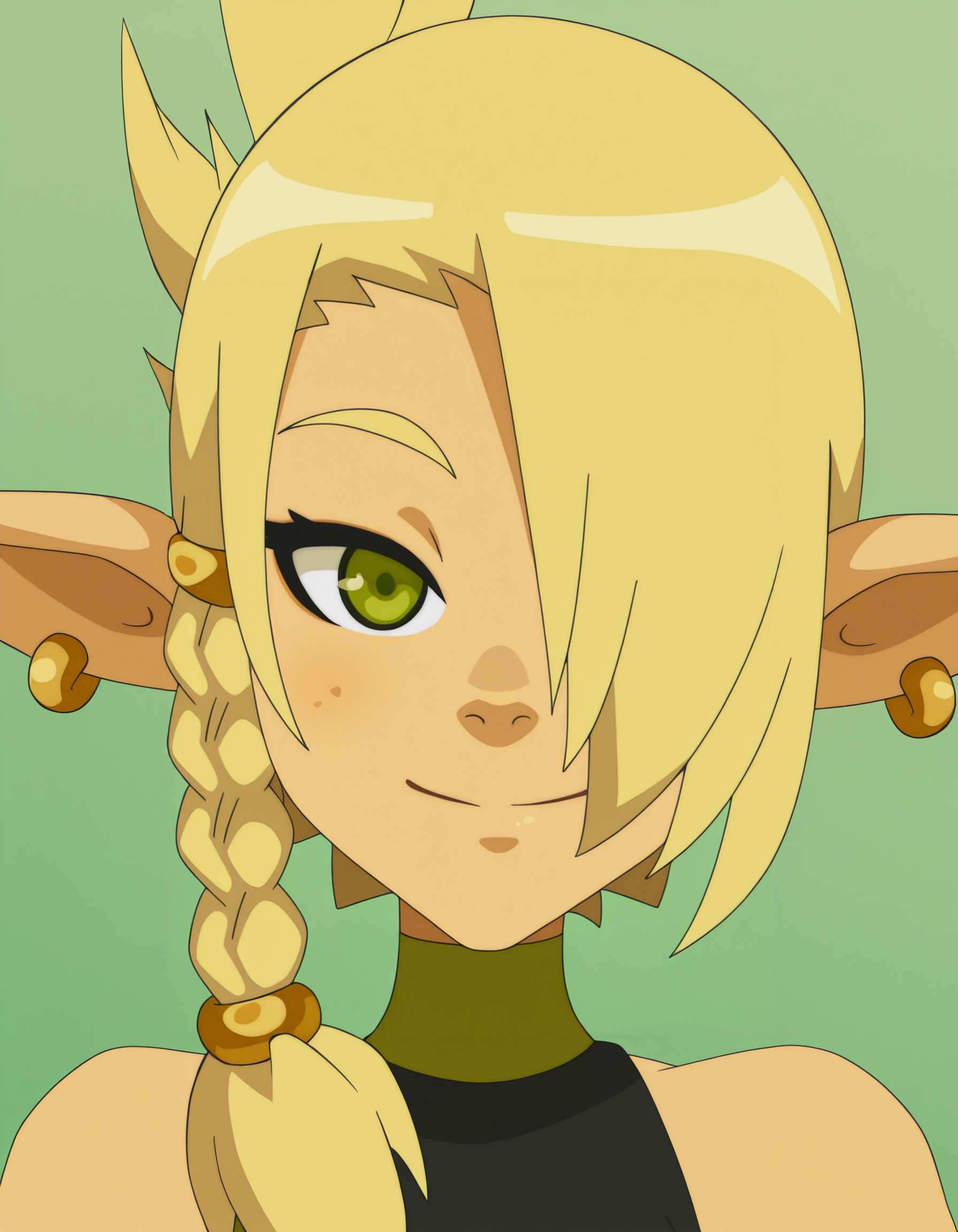 cleophee,solo pointy ears, blonde hair, jewelry,sleeveless,   braid, green eyes, hair over one eye,, portrait,   1girl, bare shoulders,looking at viewer, smile,    <lora:CleopheeIllustrious1.0JLFO:0.8>
