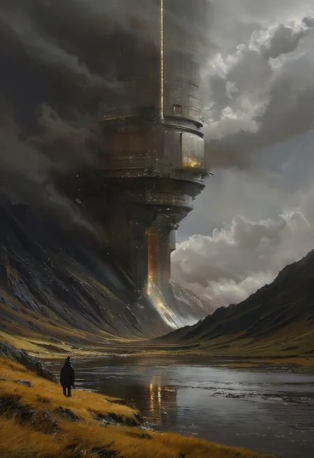a man standing at the shore of a river looking into the horizon where a megastructure portal is located, portal emiting yellow light and looks like a window that has a yellow force field, and obstructing two thirds of the image. a man is a lonely figure. mountainy landscape with yellow grass.