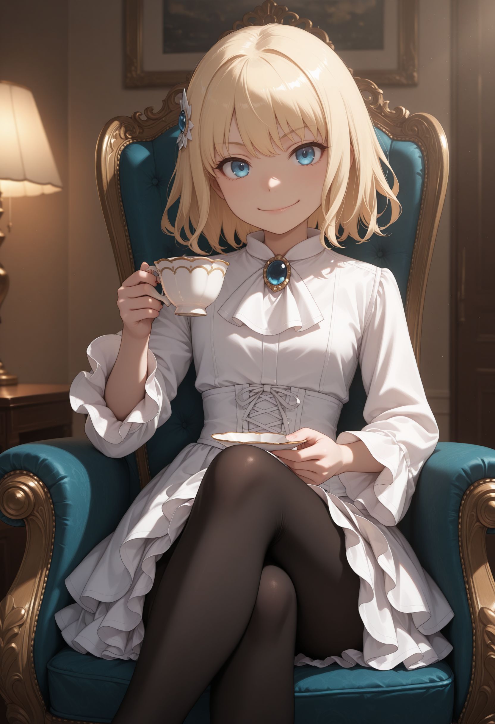 masterpiece,best quality,absurdres,highres,very aesthetic,high quality,detailed,insanely detailed,beautiful,perfect lighting, looking at viewer, , holding cup, sitting, chair, teacup, indoor, fancy room, , smile,, indoors, on chair, sitting, crossed legs, hold, teacup 
 <lora:Leivinia Birdway illu:1> 1girl, blonde hair, blue eyes, short hair, white dress, ascot, frills, hair ornament, black pantyhose, long sleeves