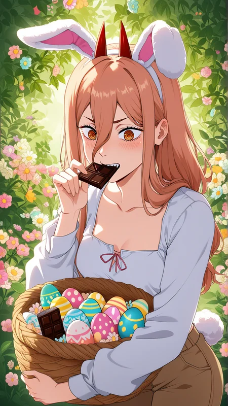 Power (Chainsaw Man), anime style, eating chocolate bar furiously, fluffy bunny ears, carrying a basket full of colorful Easter eggs, soft spring lighting, surrounded by blooming flowers and pastel decorations,crazy expression, soft focus, gentle pose, lush greenery in the background, (ntfw:1.5), neckline