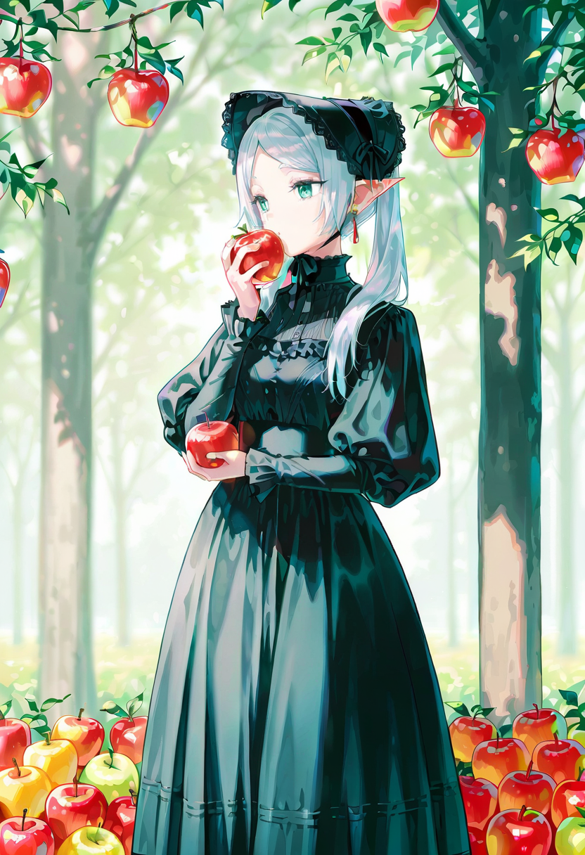 1girl,solo, hiten (hitenkei), black dress, long sleeves, standing, puffy sleeves, frills, juliet sleeves, bonnet, holding food, apple,outdoors, frieren, orchard