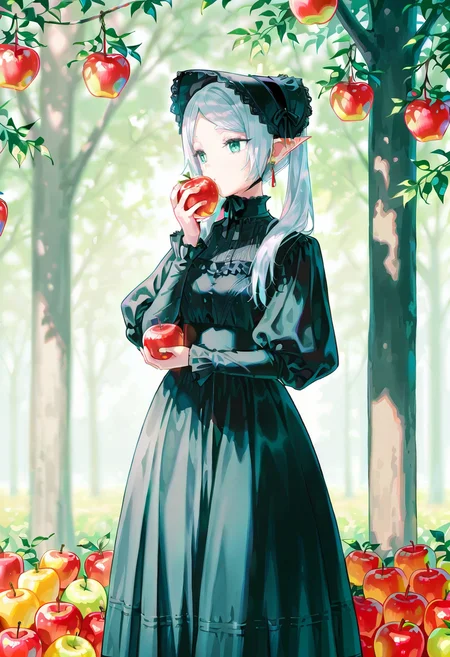 1girl,solo, hiten (hitenkei), black dress, long sleeves, standing, puffy sleeves, frills, juliet sleeves, bonnet, holding food, apple,outdoors, frieren, orchard