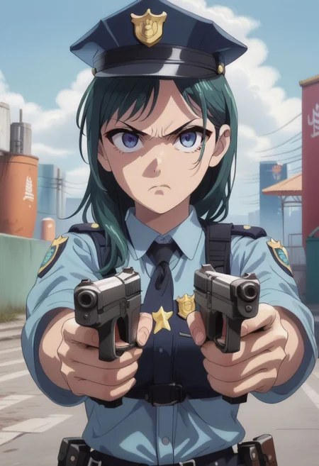 score_9, score_8, score_7, score_6,rating_safe,source_anime,1girl, maomao, green hair, long hair, blue eyes, police, police uniform, policewoman,dual pistol, angry,looking viewer, police chasing, cinematic,