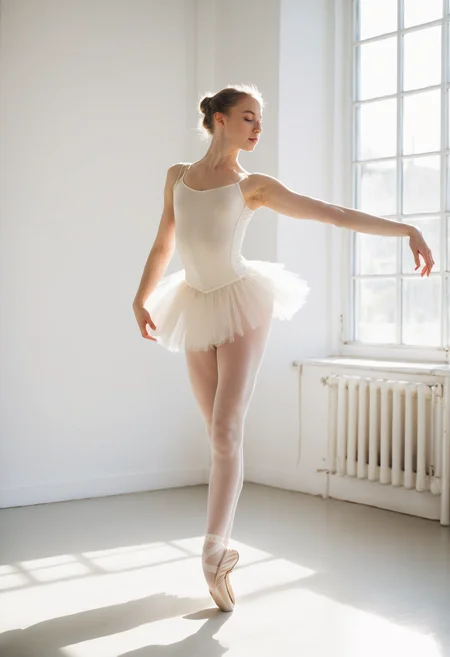 ballet dancer, female, white tutu, ballet pose, dance, elegance, indoor, natural light, leotard, ballet shoes, gracefulness, young adult, serene expression, closed eyes, white room, sunlight, caucasian, standing, artistic, performance attire, solo performer