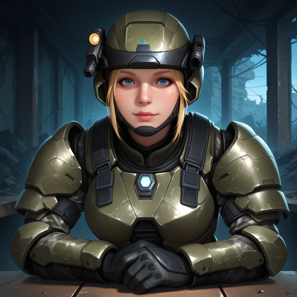 Masterpiece, high-res, 2k, best quality, 2.5d, realistic, 1 girl , fem marine, helmet, headlight , armor, blonde hair, blue eyes , realistic, military, gray camouflage, black balaclava, face cover , scifi , medium shot, in a destroyed city<lora:fem_marine_illus-000049:1> Elevated Confidence: Sit on a high surface such as a counter or table and lean back with a relaxed and confident posture. This pose exudes poise and self-assuredness.