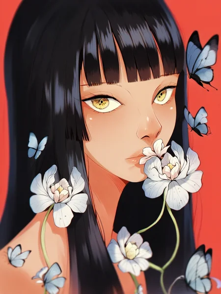 score_9, score_8_up, score_7_up, score_6_up, score_5_up, <lora:HaranikalaXLP:1> hara, 1girl, black hair, solo, bangs, long hair, blunt bangs, red background, looking at viewer, flower, bug, yellow eyes, portrait, butterfly