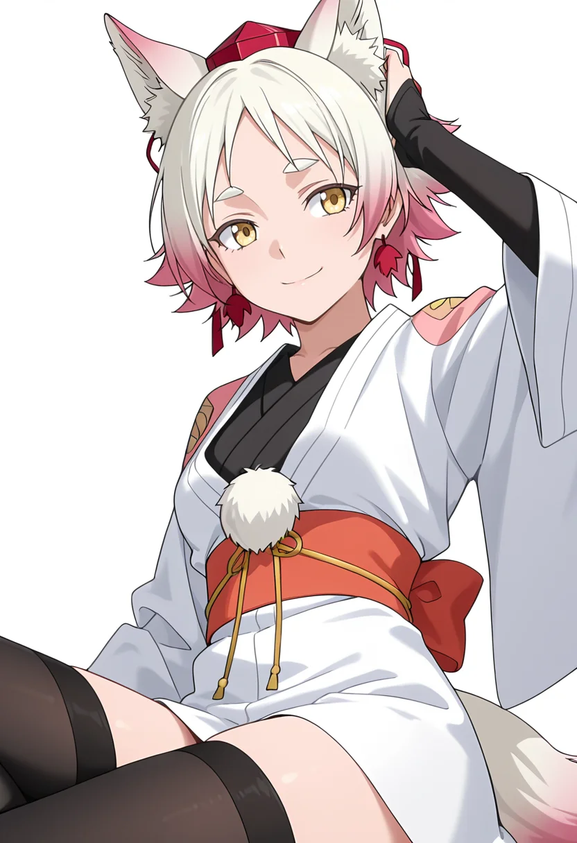 Smooth Quality,masterpiece,very intricate, high quality details, ultra realistic, high detailed skin,detailed enviorement,absurdres,
simple background, white background,solo,
lying on side, one arm supporting head, relaxed legs, soft smile, casual vibe, ,from below,sad smile,
<lora:Momiji_cnn:0.8> momijicnn,1girl, wolf ears, yellow eyes, white hair, pink hair, short hair, gradient hair, thick eyebrows,tokin hat, japanese clothes,white kimono,sash, black thighhighs, long sleeves, bridal gauntlets,earrings, pom pom (clothes), tail,