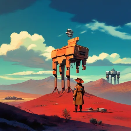 Arizona, scifi landscape, retroscifi, trenchcoat and cowboyhat, 1986
score_8_up <lora:Retroscifi-Pony1:1>