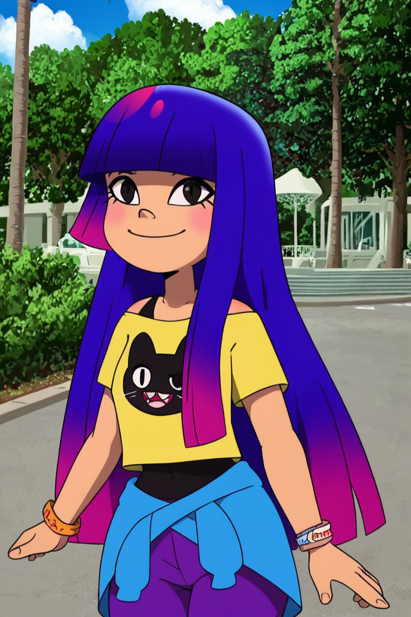 score_9, score_8_up, score_8, medium breasts, (curvy), cute, eyelashes,       BREAK, ,  ,,, zzMiko, long hair, purple hair, blunt bangs, multicolored hair, yellow shirt, short sleeves, t-shirt, print shirt, off shoulder, animal print, jewelry, purple pants, blue jacket around waist,  <lora:MikoKubota_PDXL_v2:1.0>,  ,,,  , BREAK, smile, looking at viewer, cowboy shot, ,,, outdoors, sky, day, cloud, tree, blue sky, sunny,  ,,, Expressiveh, ,,, <lora:Alola_Style_PDXL:0.8>, <lora:Expressive_H-000001:0.4>,