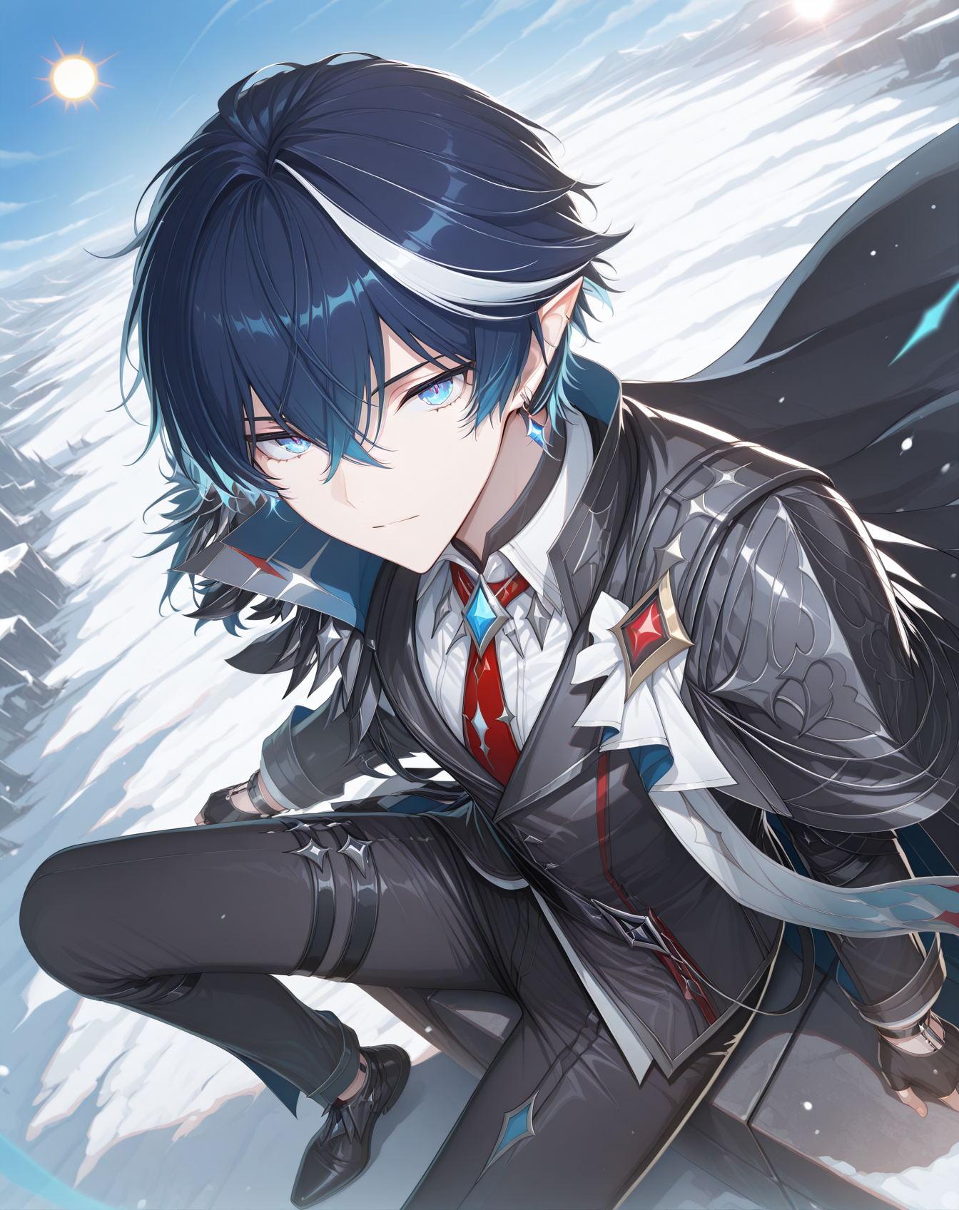 masterpiece, best quality, absurdres, very aesthetic,
1boy, solo, yaoi, male focus,
 full body, from above, dutch angle, sitting, close-up, looking at viewer,
<lora:Uno_Blood_Waltz:1> unobw, blue eyes, hair between eyes, blue hair, multicolored hair, white hair, streaked hair, hair between eyes, short hair, two-tone hair, pointy ears, 
black pants, black cape, black gloves, white shirt, black footwear, thigh strap, long sleeves, red necktie, collared shirt, shoes, black jacket, shoulder armor, fingerless gloves, black coat, vest,
jewelry, earrings,
outdoors, day, blue sky, sun,