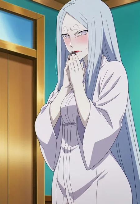 indoors, standing, solo, looking at viewer, blush, worried,
<lora:Kaguya ot IL:0.9>,kaguyaot,mature female, pale skin, grey eyes,no pupils, white hair, parted bangs, bangs, short eyebrows, long hair, medium breasts, red lips, lipstick,
robe, japanese clothes, hands close to mouth, black nails,
anime screencap, masterpiece, best quality,