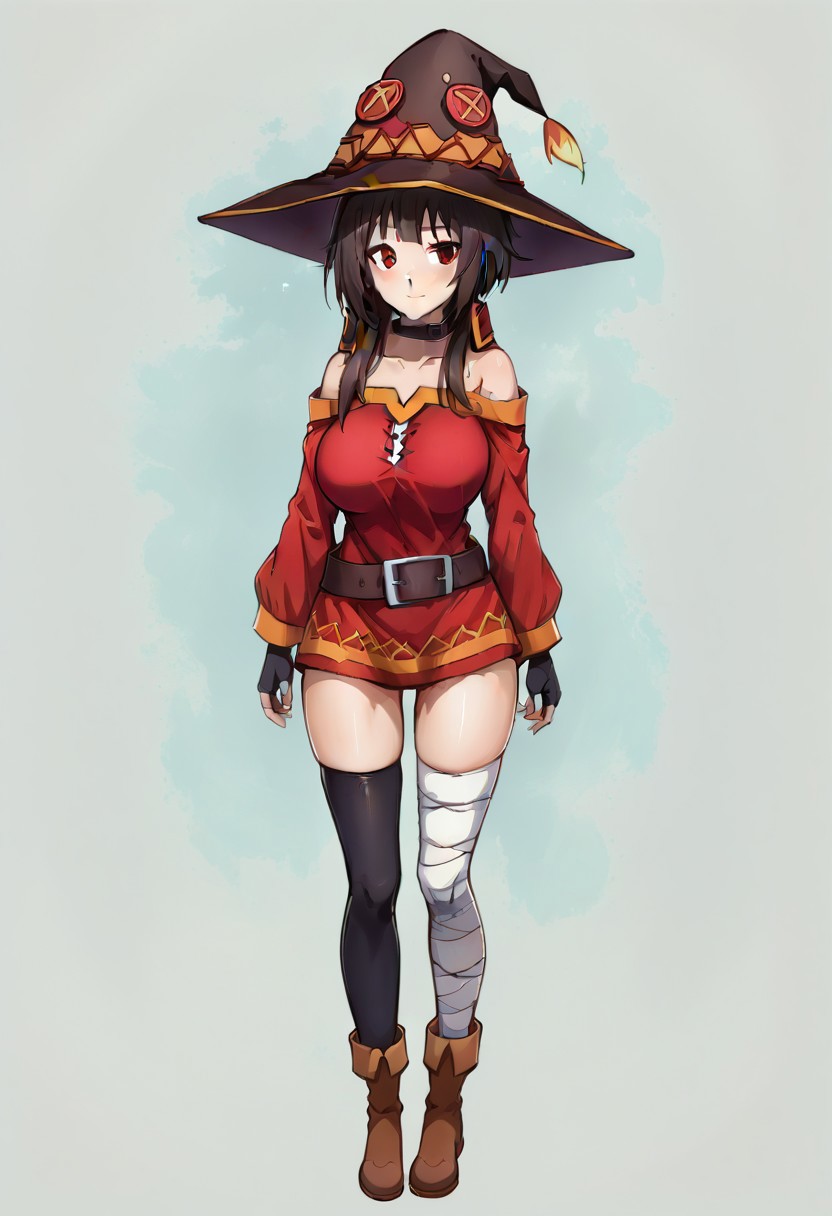 Faded Headshot, faded bottom, faded edges ,score_9,score_8_up,score_7_up,score_6_up,score_5_up,
1girl, Megumin(/Konosuba)/,(ultra HD quality details), pale skin, red eyes, black hair, hair between eyes, short hair, sidelocks, long locks
bare shoulders, black cape, black gloves, cape, choker, collarbone, dress, fingerless gloves, gloves,  hat, long sleeves, witch hat, off-shoulder dress, off shoulder, red dress, belt, black thighhighs, single thighhighs, asymmetrical legwear, bandaged leg, bandages on leg,
, digital illustration, disney, rule 63, full body, perfect anatomy, perfect face, butt showing esthetically, abstract beauty, beautiful, centered, looking at the camera, approaching perfection, dynamic, moonlight, highly detailed, watercolor painting, artstation, concept art, smooth, sharp focus, illustration, 
close up, upper body, huge breasts, deep cleavage,
