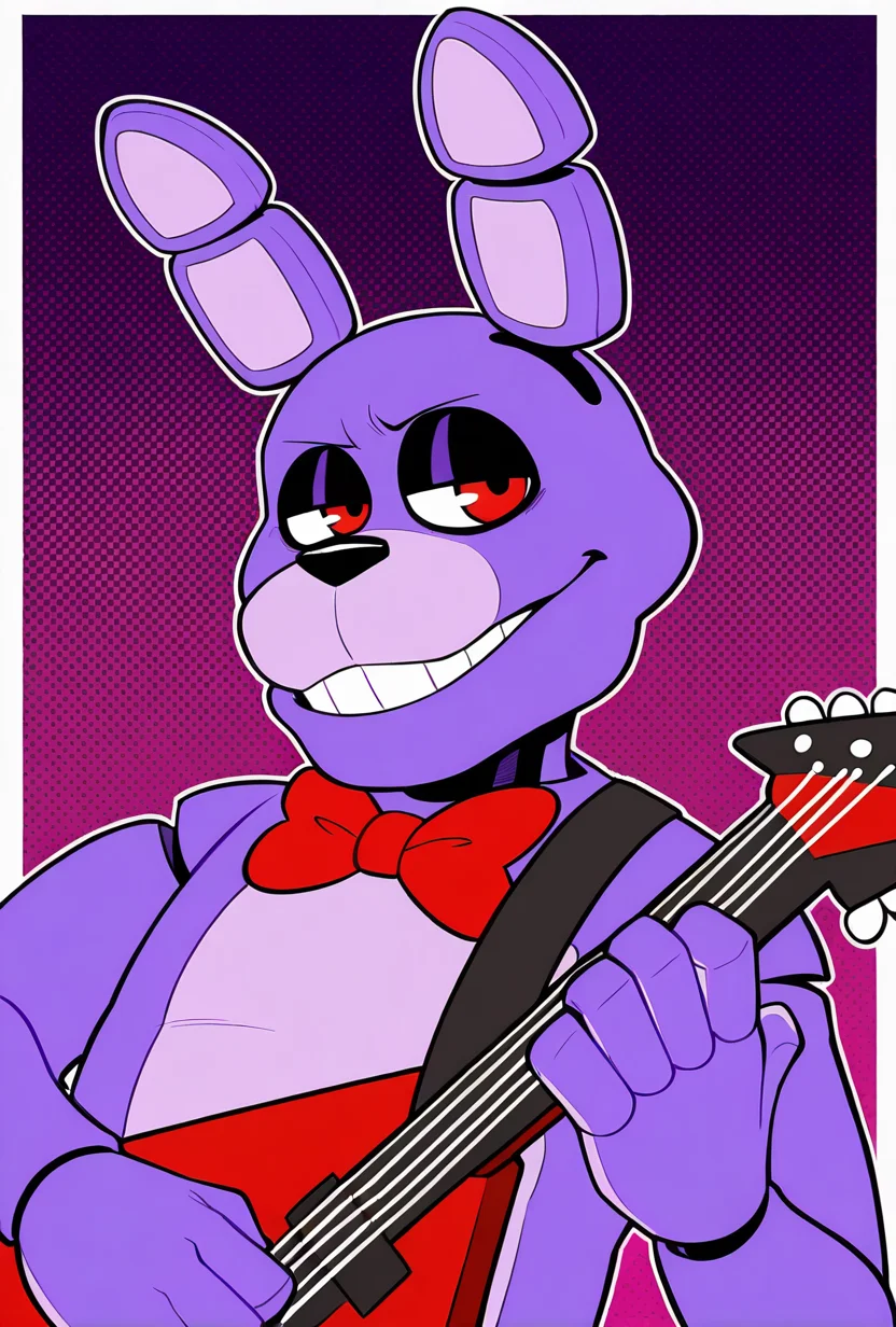 <lora:bonnie-10:1> bonnie, rabbit ears, red bowtie, red eyes, 1boy, joints, animatronic, smile, closed mouth, deep purple background, holding red guitar, electric guitar, dynamic angle, teeth, pose, smug, cartoon,, masterpiece, best quality, amazing quality, very aesthetic, absurdres, newest,, upper body, halftone effect, white borders, abstract background:1.2,