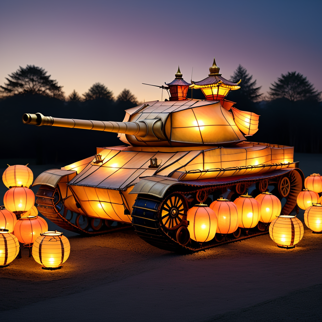 Generate an image in a realistic style featuring a tank constructed entirely out of lanterns. The lanterns should vary in size and color, intricately assembled to form the detailed structure of the tank, including its turret, tracks, and hull. The scene is illuminated by the soft, warm glow emanating from each lantern, casting light and shadows that highlight the tank's contours and the craftsmanship of its lantern composition. The background is dusk, with the fading light of the sky providing a contrasting backdrop to the illuminated tank, <lora:lightflower3:0.8>