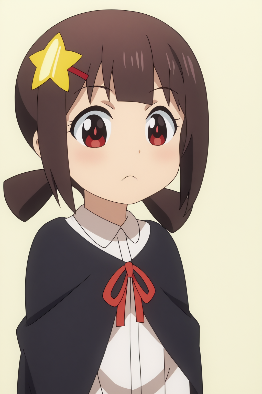 komekko, anime screencap, star-shaped hair pin <lora:Megumin_komekko_yuiyui_yunyun_kazuma-PDXL:0.8>