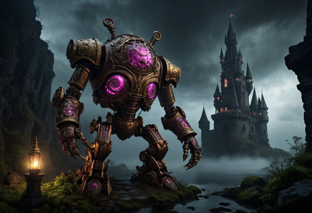 giant bipedal robot brass and dark pink, bronze paisley robot. lacy robot metal. crawdad helmet head. outside of a steampunk keep. large detailed torso. dark image. one forty foot tall ancient robot with great arms and two heavy spring legs. dark foggy night background. $dark foggy night image only. dark photo realistic image. steampunk details. cogs, chains and pipes incorporated in the fantasy buildings. magic wizards tower in background. Dark swamp, moss, castle ruins, wizards tower. stormy dark night.  stormy sky.