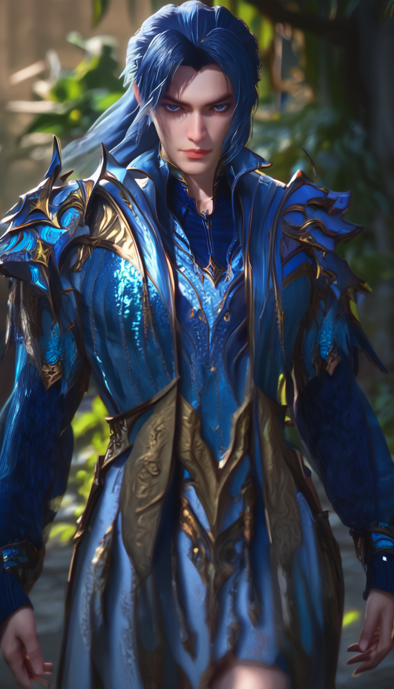 score_9,score_8_up,score_7_up,realistic,tang_san,1boy,male focus,long hair,blue eyes,blue hair,looking at viewer,belt,,standing,armor,<lora:tangsan:0.9>