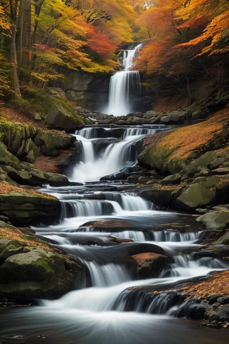 Hyperrealistic art photorealistic image captured with Nikon D750, 24mm lens, a majestic waterfall surrounded by autumn foliage,
the vibrant colors of fall framing the powerful cascade, aspect ratio 16:9 . Extremely high-resolution details, photographic, realism pushed to extreme, fine texture, incredibly lifelike