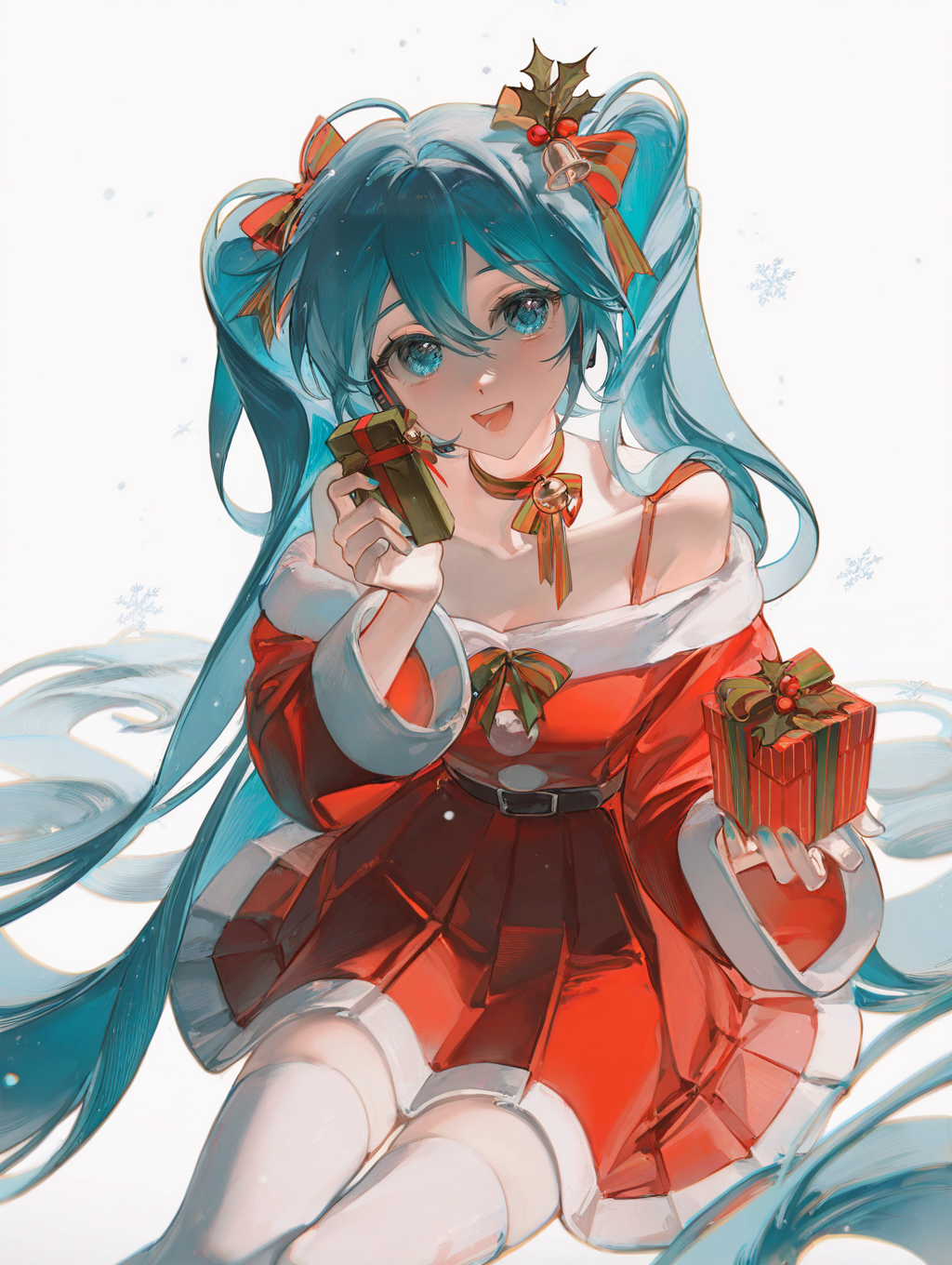 very awa, masterpiece, best quality, newest, absurdres, highres, year 2024, rumoon, (redum4:0.75), konya karasue, dino \(dinoartforme\), rella, suzumi \(ccroquette\), 1girl, hatsune miku, santa costume, santa dress, long sleeves, bare shoulders, white thighhighs, neck ribbon, ((white background)), snowing, snowflakes, upper body, :d, jingle bell, holly, holding gift, hair bow, (((simple background))), collarbone, sitting,  <lora:cookieanime:0.55>