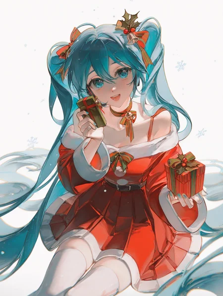 very awa, masterpiece, best quality, newest, absurdres, highres, year 2024, rumoon, (redum4:0.75), konya karasue, dino \(dinoartforme\), rella, suzumi \(ccroquette\), 1girl, hatsune miku, santa costume, santa dress, long sleeves, bare shoulders, white thighhighs, neck ribbon, ((white background)), snowing, snowflakes, upper body, :d, jingle bell, holly, holding gift, hair bow, (((simple background))), collarbone, sitting,  <lora:cookieanime:0.55>