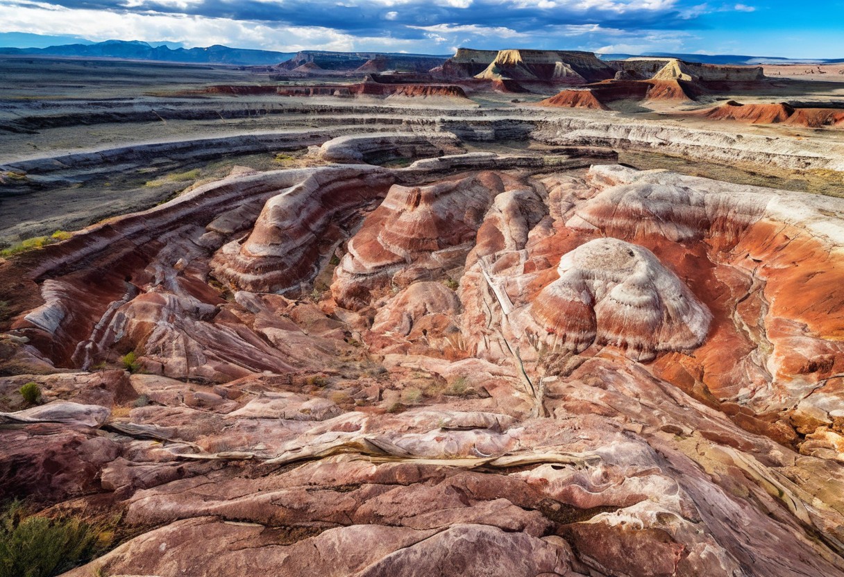 Majestic jagged rocky mountains, red mesas, wind eroded colorful rock formations, beautiful evening sunset, (petrified forest national park:1.25), arizona, <lora:Earth35:0.4>
