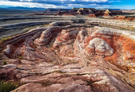 Majestic jagged rocky mountains, red mesas, wind eroded colorful rock formations, beautiful evening sunset, (petrified forest national park:1.25), arizona, <lora:Earth35:0.4>