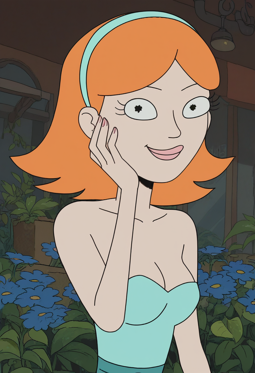 Jessica, 1girl, orange hair, hairband, breasts,hand on own face, multiple girls, smile, cleavage, strapless dress,  blue dresslooking at viewer,smile,  score_9, score_8_up, score_7_up, score_6_up, score_5_up, score_4_up <lora:JessicaRMPony1.0:1.0>  zPDXL ,outdoors,