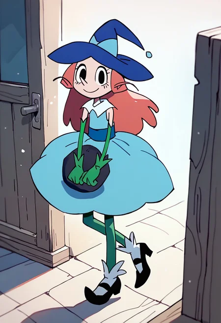 score_9, score_8_up, score_7_up BREAK LoveWitch, 1girl, long fuchsia hair, black eyes, blue witch hat, light blue hat band, white-collared sleeveless light blue dress, blue belt, long green gloves, green stockings, white socks, black mary jane shoes, full body, smiling at viewer,