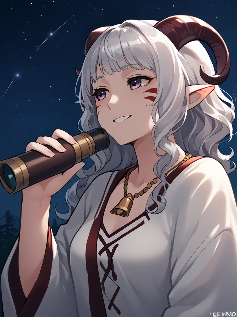 source_furry, score_7_up, rating_safe, night sky, standing,
anime face,<lora:whisker_markings:0.8>red whisker_markings, silver long wavy hair, bell necklace, short pointy ears, purple eyes, <lora:age_slider_v4:0.6>
<lora:Smooth Style 2 SDXL_LoRA_Pony Diffusion V6 XL:0.3>
<lora:Test_Diana:0.8> tiefling_bard_diana, <lora:INKxXmo shaded face:0.5> INKxXmo Dark Theme, Shaded Face ,smile,
<lora:hand_telescope:1>hand_telescope, holding_telescope , looking up, head up, telescope on eyes, looking away,