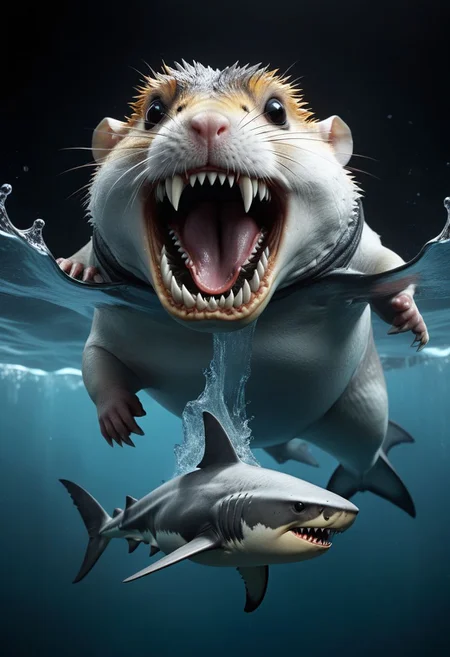 stunning quality, masterpiece, best quality, over-detailed, ultra-detailed, UHD, perfect anatomy, hyperrealism, majestic, amazing, inspiring, a hamster sits astride a giant shark megalodon with its mouth agape in cosmic water, cinematic composition, soft shadows, national geographic style