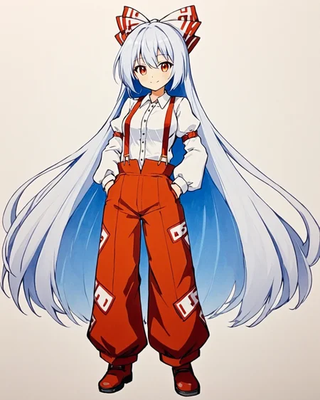 fujiwara no mokou,1girl, solo, suspenders, hair_bow, traditional_media, ofuda_on_clothes, red_pants, smile, white_shirt, marker_\(medium\), looking_at_viewer, collared_shirt, juliet_sleeves, closed_mouth, buttons, hand_on_hip, white_bow, orange_background, red_bow, cowboy_shot, breasts
<lora:fujiwara_no_mokou_image4672_2023-12-14-000008:1>,star-shaped_pupils,symbol-shaped_pupils,. gorgeous,key visual, vibrant, studio anime,award-winning, professional, highly detailed,high budget, cinemascope