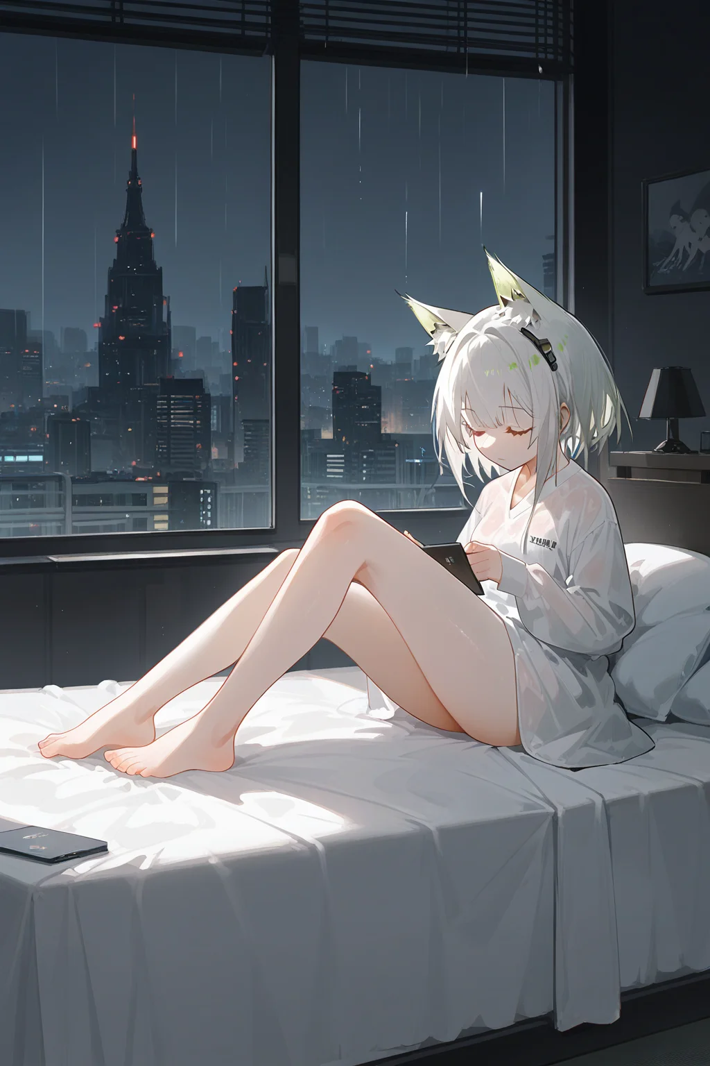 (score_9,score_8_up,score_7_up),<lora:kal'tsit (arknights)-v1:0.8>,1girl,kal'tsit (arknights),animal ears,solo,closed eyes,window,cat ears,rain,lying,barefoot,green hair,indoors,sleeping,night,on side,on bed,pillow,dress,short hair,closed mouth,full body,long sleeves,animal ear fluff,bed,bare legs,bangs,white hair,city,alternate costume,
good feet,anime,NSFW,expressive,amazing quality,ultra hd 32k,