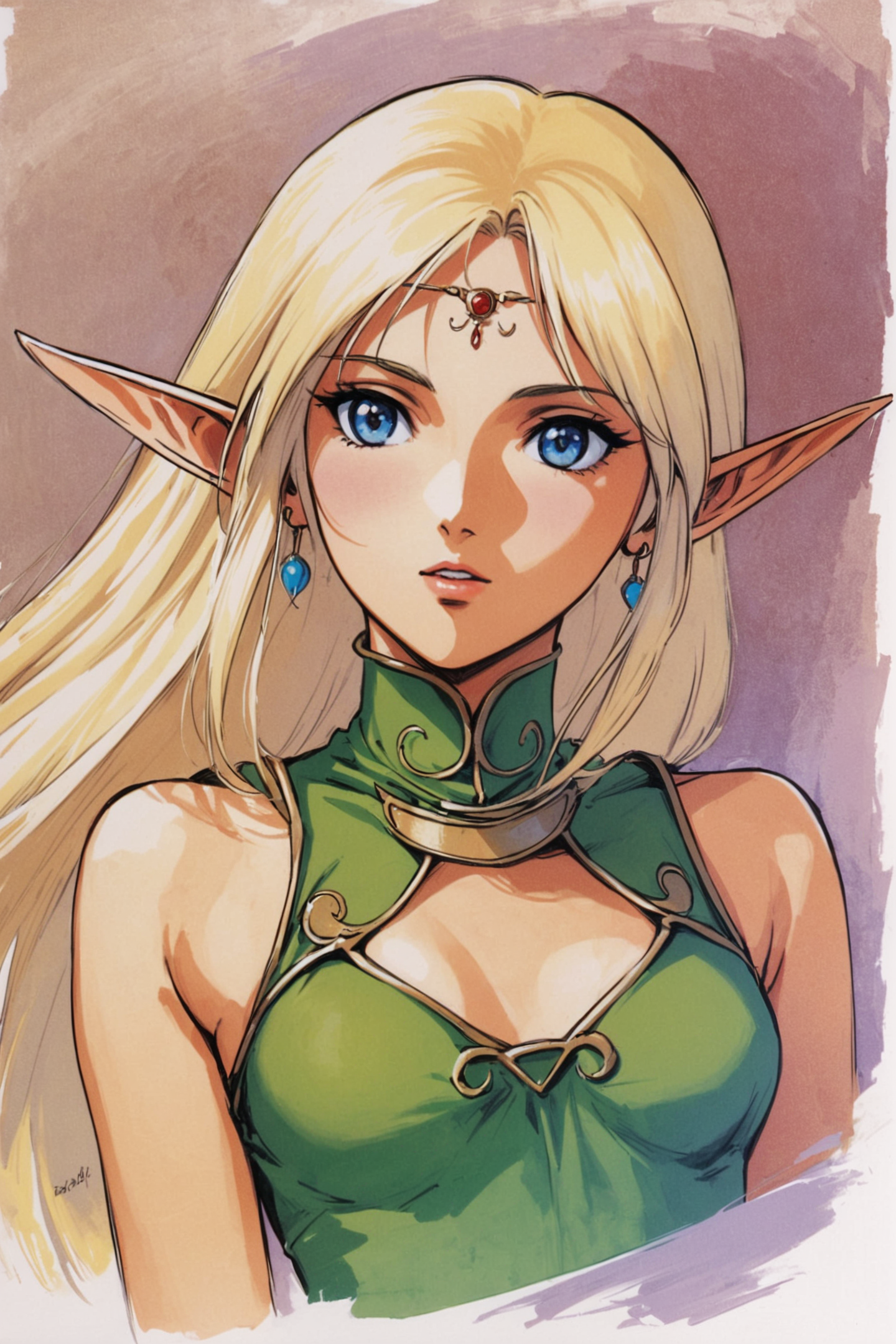 Deedlit,1girl,solo,pointy ears,blonde hair,long hair,elf,blue eyes,white background,simple background,upper body,jewelry,earrings,sleeveless,circlet,breasts,bare shoulders,dress,parted lips,green dress,bangs,sleeveless dress,parted bangs,small breasts,retro artstyle,traditional media,<lora:Yutaka Izubuchi_XL:0.8>,